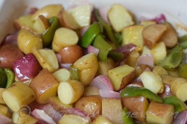 CSA Week 20-roasted fingerling potatoes, green peppers, and red onion
